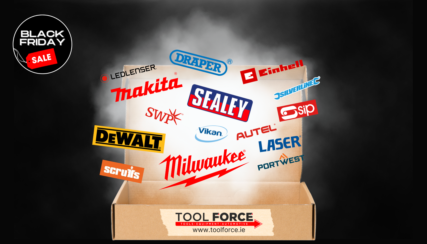 Cardboard box with Toolforce Branded tape, with brand logos of Milwaukee, Scruffs, DeWalt, SWP, Makita, Ledlenser, Draper, Sealey, Vikan, Autel, Later, SIP, Silverline and Einhell flying out of it, with steam rising out.